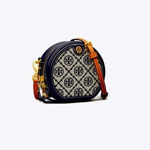 TORY BURCH New T Monogram Jacquard Petite Moon Bag Navy